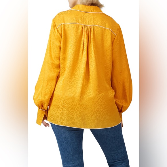 Jonathan Simkhai Yellow Leopard Print Button Satin Silk Shirt Women's Size 14 - Picture 2 of 7